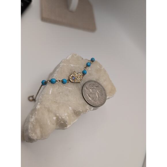 925 Vtg Hamas Hand Of Fatimata Evil Eye Blue beveled Beads Goldtone bracelet - Picture 5 of 11